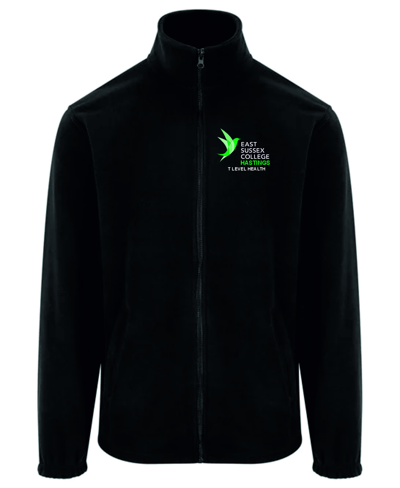 Frontal view of the East Sussex College Hastings T-Level Health black fleece with the college logo embroidered to the left breast with the courses name below.