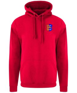 Frontal view of the Hastings Athletic adults' hoodie in red with the club crest.