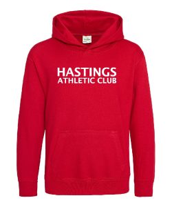 Frontal view of the Hastings Athletic kids' hoodie in red with the club name on the chest.