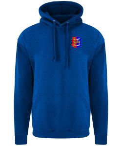 Frontal view of the Hastings Athletic adults' hoodie in red with the club crest.