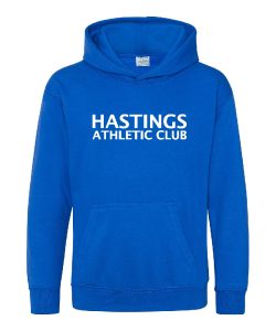 Frontal view of the Hastings Athletic kids' hoodie in royal blue with the club name on the chest.
