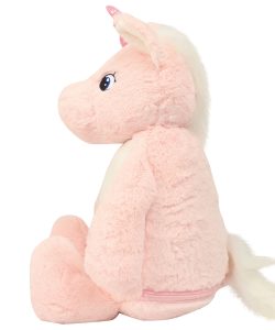Side view of a pink unicorn teddy.