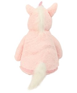 Rear view of a pink unicorn teddy.