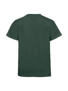 Rear view of a bottle green t-shirt