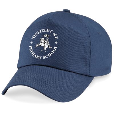 Frontal view of the Ninfield Primary School navy cap with the school's emblem printed on the front.