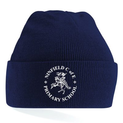 Frontal view of the Ninfield Primary School navy winter beanie with the school's emblem embroidered on the front.