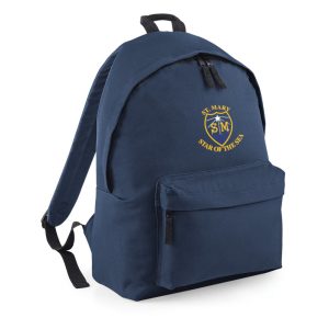 Frontal view of the St Mary Star of the Sea navy backpack with the school's emblem embroidered on the front.