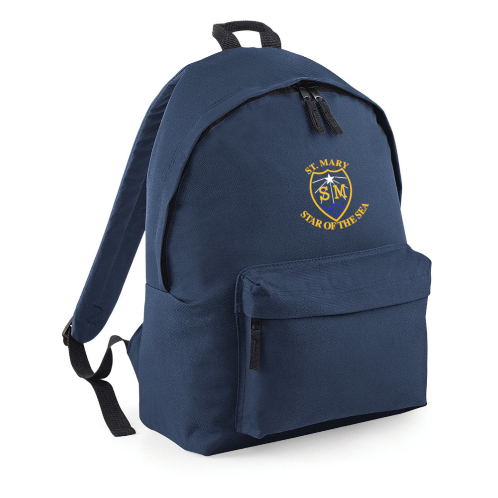 Frontal view of the St Mary Star of the Sea navy backpack with the school's emblem embroidered on the front.
