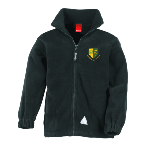 Frontal view of a black fleece with the Etchingham Primary School emblem embroidered to the left breast.