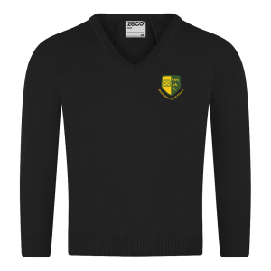 Frontal view of a black knitted v-neck jumper with the Etchingham Primary School emblem embroidered to the left breast.