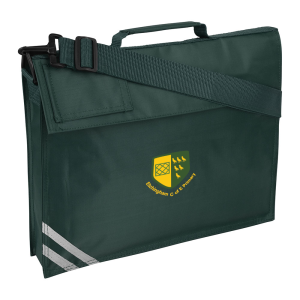 Frontal view of a bottle green book bag with a detachable shoulder strap. The Etchingham Primary School emblem is printed to the front.