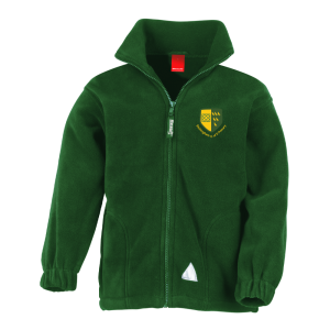 Frontal view of a bottle green fleece with the Etchingham Primary School emblem embroidered to the left breast.