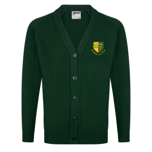 Frontal view of a bottle green knitted cardigan with the Etchingham Primary School emblem embroidered on the left breast.