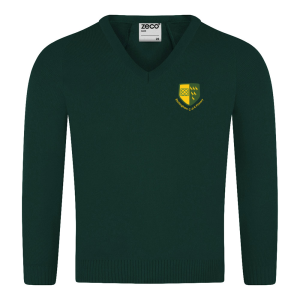 Frontal view of a bottle green knitted v-neck jumper with the Etchingham Primary School emblem embroidered to the left breast.