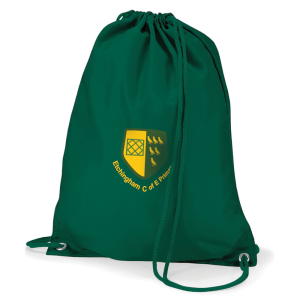 Frontal view of a bottle green PE bag with the Etchingham Primary School logo printed to the front.