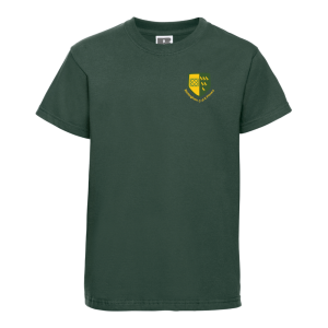 Frontal view of a bottle green t-shirt with the Etchingham Primary School emblem on the left breast.