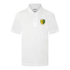Frontal view of a white polo shirt with the Etchingham Primary School embelm embroidered on the left breast.