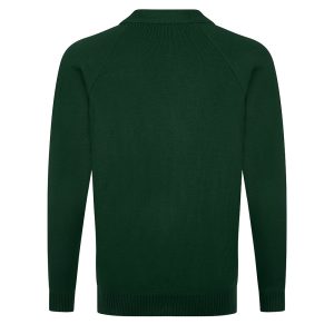 Rear view of a bottle green knitted cardigan.