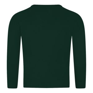 Rear view of a bottle green knitted jumper