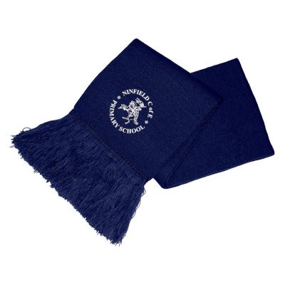 A navy scarf with tassled ends. The Ninfield Primary School emblem is ebroidered on one end.