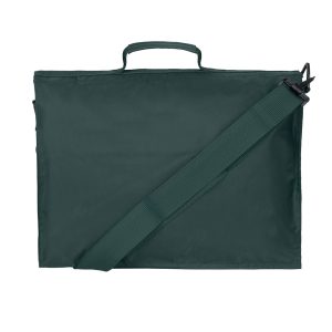 Rear view of a bottle green book bag with its detachable shoulder strap.