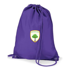 Frontal view of the Glenleigh Park Primary Academy purple PE bag with the school's emblem printed on the front.
