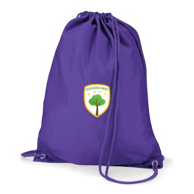 Frontal view of the Glenleigh Park Primary Academy purple PE bag with the school's emblem printed on the front.