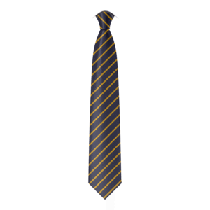 A digital mockup of the St Mary Star of the Sea tie - a navy tie with thin gold diagonal stripes repeating its entire length.