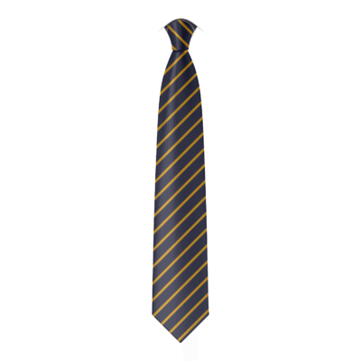 A digital mockup of the St Mary Star of the Sea tie - a navy tie with thin gold diagonal stripes repeating its entire length.