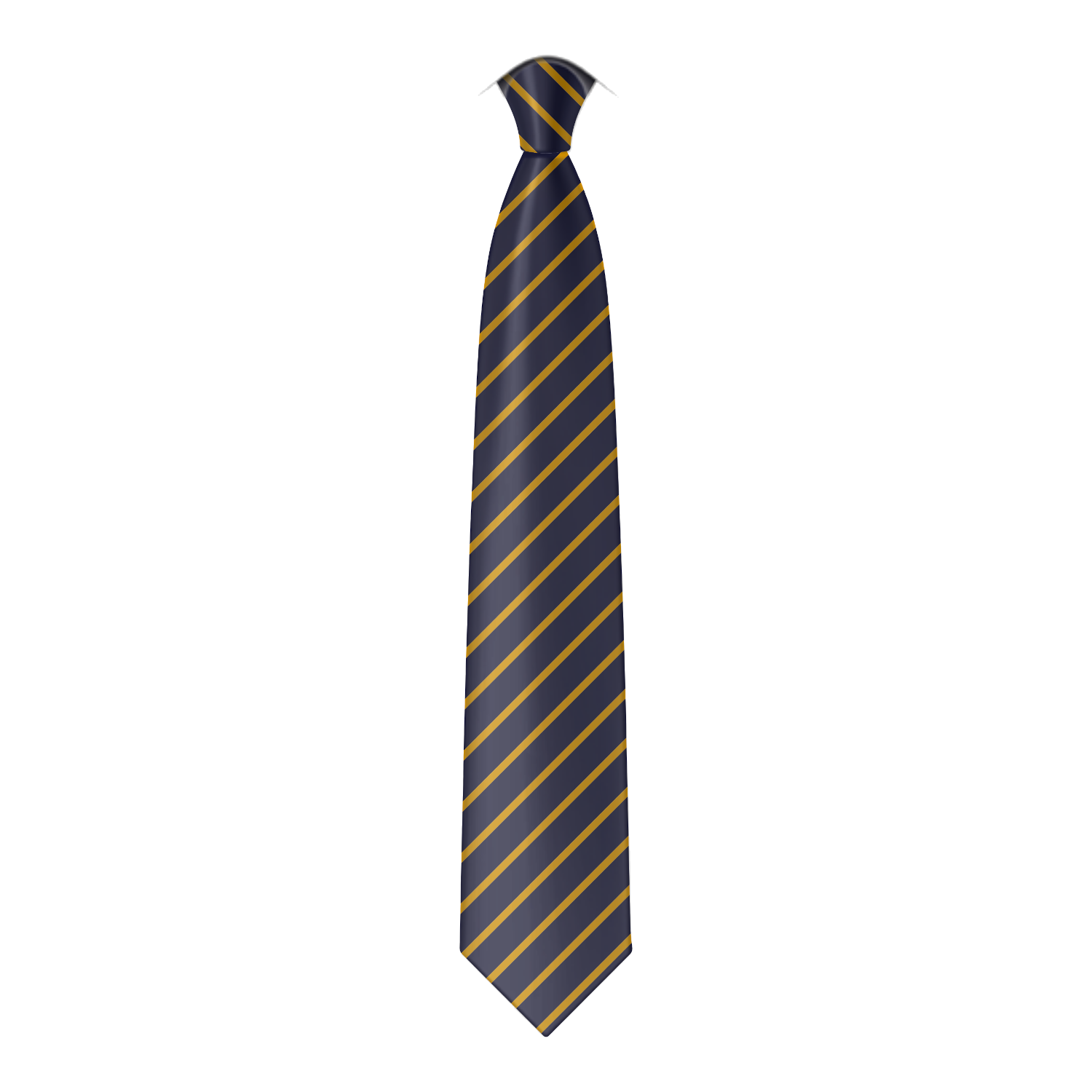 A digital mockup of the St Mary Star of the Sea tie - a navy tie with thin gold diagonal stripes repeating its entire length.