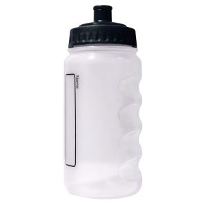A plastic water bottle with a black lid and colourless body.