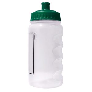A plastic water bottle with a bottle green lid and colourless body.