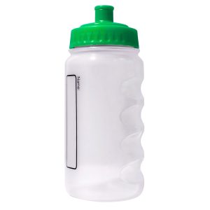 A plastic water bottle with a emerald lid and colourless body.