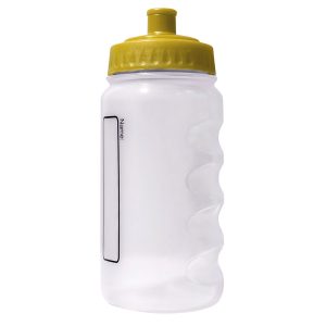A plastic water bottle with a gold lid and colourless body.