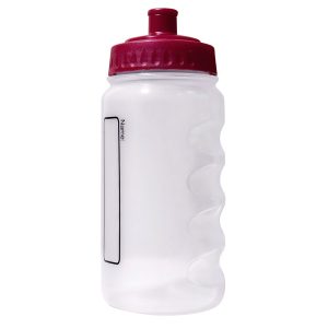 A plastic water bottle with a maroon lid and colourless body.
