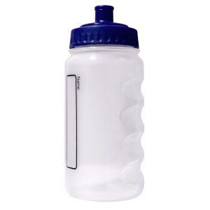 A plastic water bottle with a navy lid and colourless body.