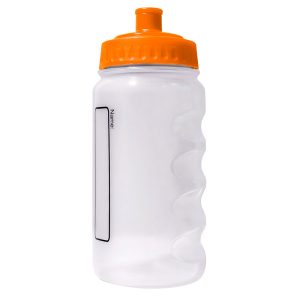 A plastic water bottle with a orange lid and colourless body.