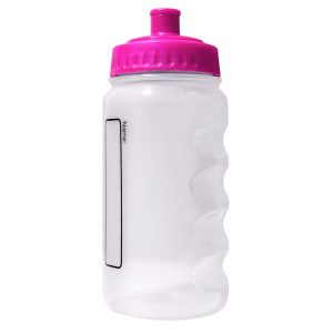 A plastic water bottle with a pink lid and colourless body.