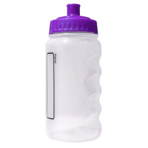 A plastic water bottle with a pink lid and colourless body.