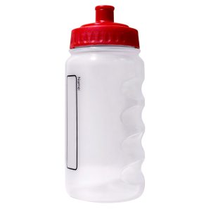 A plastic water bottle with a red lid and colourless body.