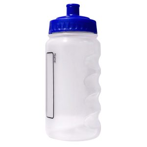 A plastic water bottle with a royal blue lid and colourless body.