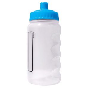 A plastic water bottle with a sky blue lid and colourless body.