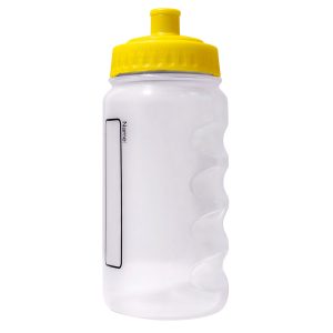 A plastic water bottle with a yellow lid and colourless body.