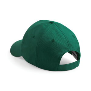 Rear view of a bottle green summer cap. It's hook and loop fastening straps can be seen.