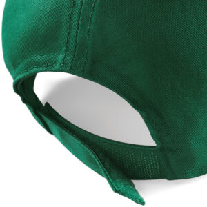 Close-up rear view of a bottle green summer cap. Focus is on its hook and loop fastening straps.