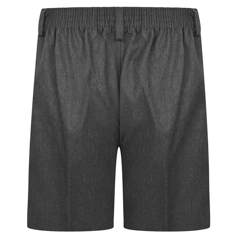 Rear view of grey sturdy-fit boys shorts.