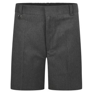 Frontal view of grey sturdy-fit boys shorts.