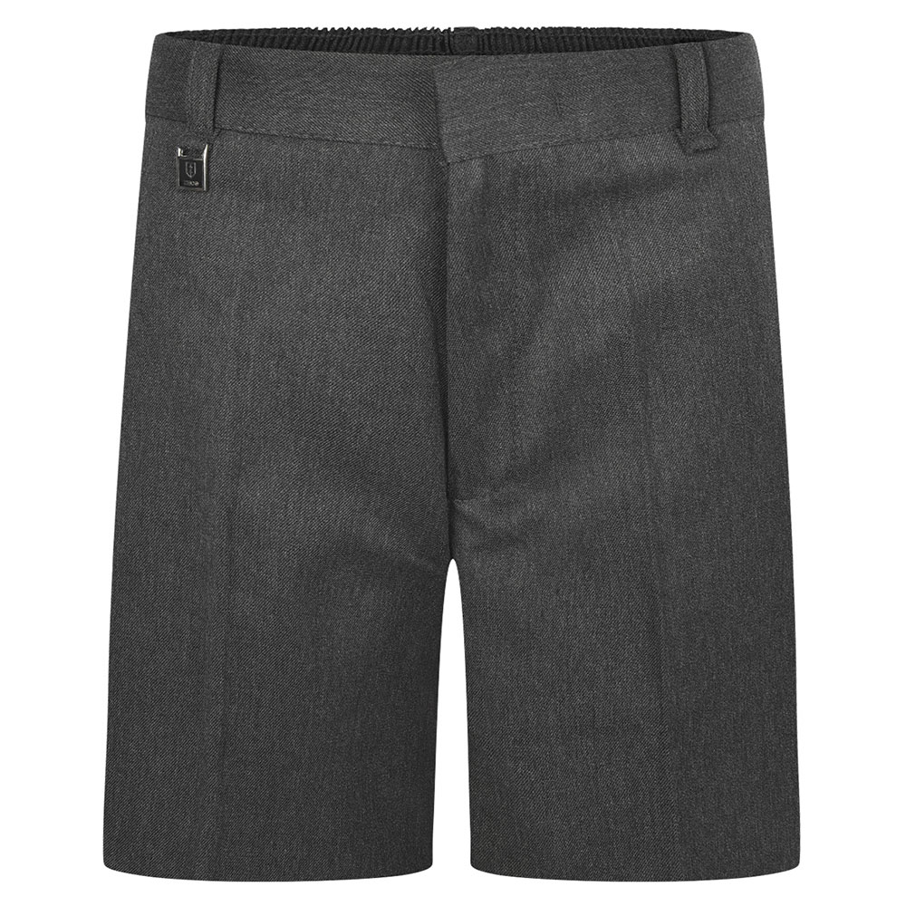 Frontal view of grey sturdy-fit boys shorts.