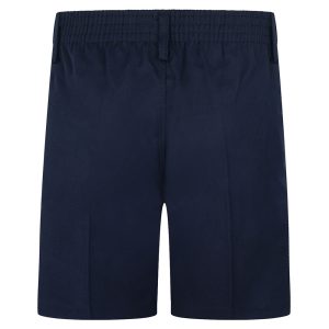 Rear view of navy sturdy-fit boys shorts.