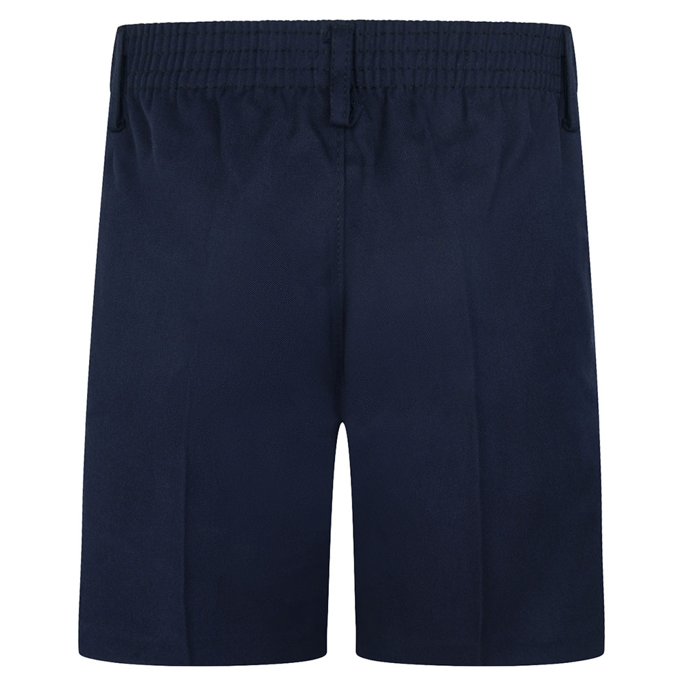 Rear view of navy sturdy-fit boys shorts.